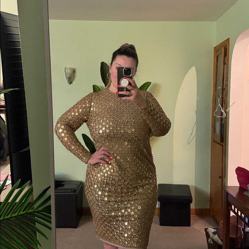 ✨ Mac Duggal Gold Beaded Georgette Long Sleeve Fitted Midi Dress ✨ size 14 - Picture 10 of 10